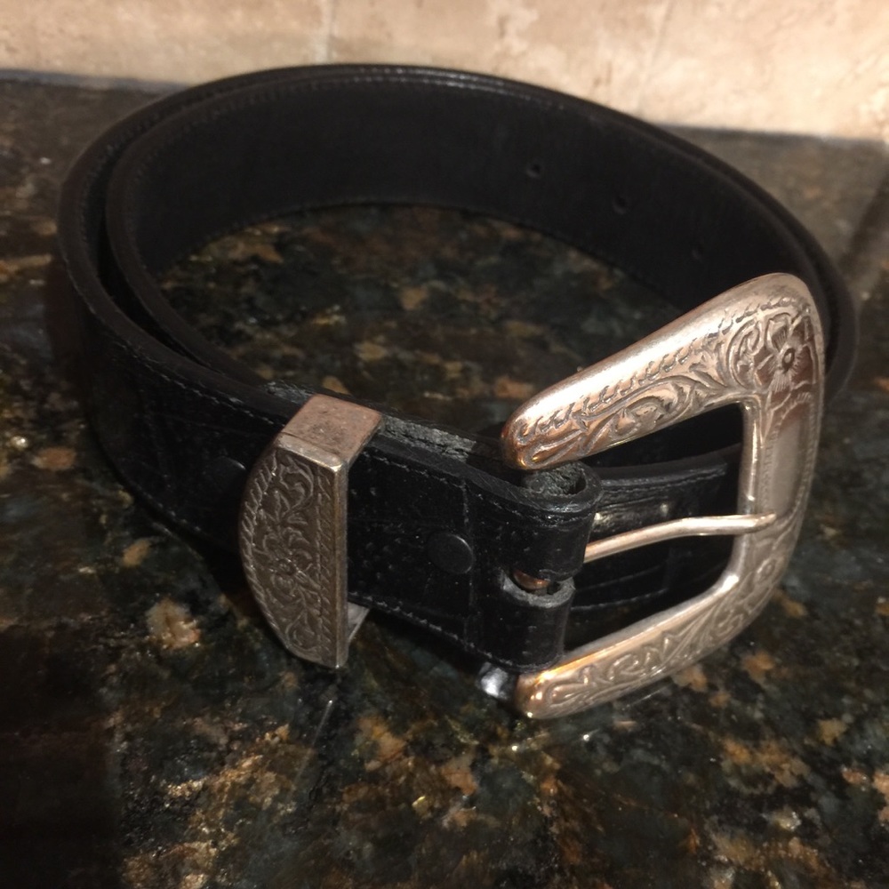 Faux Croco Black Leather Belt with Silver Buckle